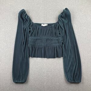 ASTR The Label Ziva Top Womens L Deep Teal Pleated Balloon Sleeve Plisse Blouse